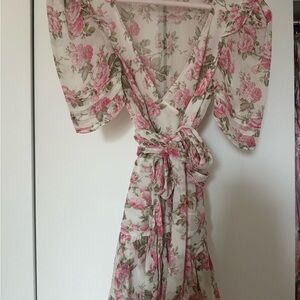 LoveShackFancy VINTAGE Pink Floral Chiffon Wrap Dress